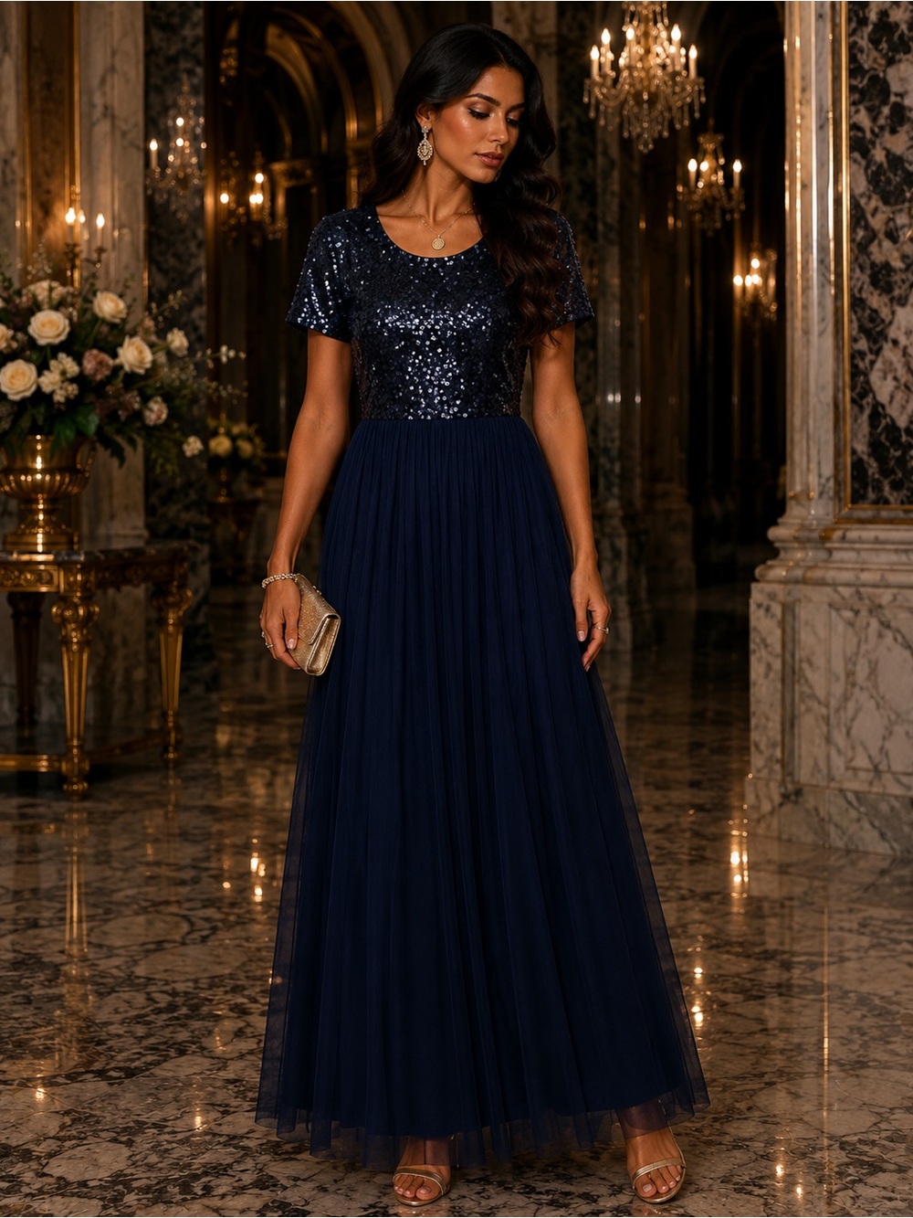 Sequin Bodice Navy Maxi Dress with Tulle Skirt